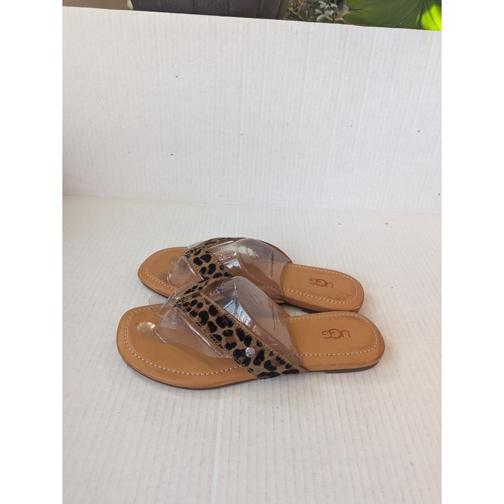UGG Women's 6.5 Leather Tuolumne Real Cow Fur Thong Sandals Tan Brown Print New - Picture 6 of 7
